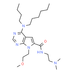 ChemSpider 2D Image | 4-[Butyl(hexyl)amino]-N-[2-(dimethylamino)ethyl]-7-(2-methoxyethyl)-7H-pyrrolo[2,3-d]pyrimidine-6-carboxamide | C24H42N6O2