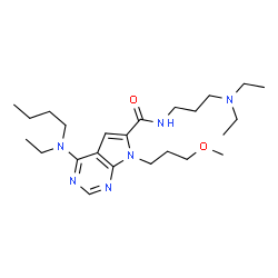 ChemSpider 2D Image | 4-[Butyl(ethyl)amino]-N-[3-(diethylamino)propyl]-7-(3-methoxypropyl)-7H-pyrrolo[2,3-d]pyrimidine-6-carboxamide | C24H42N6O2