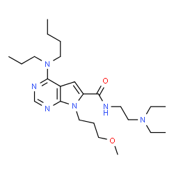 ChemSpider 2D Image | 4-[Butyl(propyl)amino]-N-[2-(diethylamino)ethyl]-7-(3-methoxypropyl)-7H-pyrrolo[2,3-d]pyrimidine-6-carboxamide | C24H42N6O2