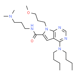 ChemSpider 2D Image | 4-(Dibutylamino)-N-[3-(dimethylamino)propyl]-7-(3-methoxypropyl)-7H-pyrrolo[2,3-d]pyrimidine-6-carboxamide | C24H42N6O2