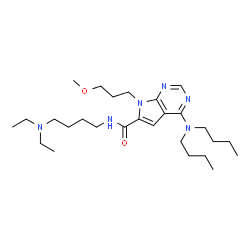 ChemSpider 2D Image | 4-(Dibutylamino)-N-[4-(diethylamino)butyl]-7-(3-methoxypropyl)-7H-pyrrolo[2,3-d]pyrimidine-6-carboxamide | C27H48N6O2
