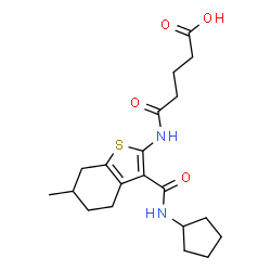 ChemSpider 2D Image | 5-{[3-(Cyclopentylcarbamoyl)-6-methyl-4,5,6,7-tetrahydro-1-benzothiophen-2-yl]amino}-5-oxopentanoic acid | C20H28N2O4S