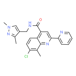 ChemSpider 2D Image | 7-Chloro-N-[(1,3-dimethyl-1H-pyrazol-4-yl)methyl]-8-methyl-2-(2-pyridinyl)-4-quinolinecarboxamide | C22H20ClN5O
