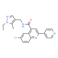 ChemSpider 2D Image | 6-Chloro-N-[(1-ethyl-5-methyl-1H-pyrazol-4-yl)methyl]-2-(4-pyridinyl)-4-quinolinecarboxamide | C22H20ClN5O