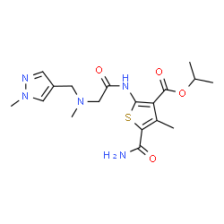 ChemSpider 2D Image | Isopropyl 5-carbamoyl-4-methyl-2-({N-methyl-N-[(1-methyl-1H-pyrazol-4-yl)methyl]glycyl}amino)-3-thiophenecarboxylate | C18H25N5O4S
