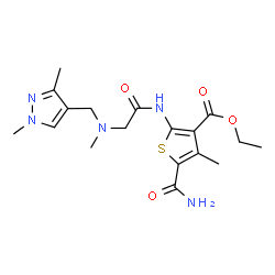 ChemSpider 2D Image | Ethyl 5-carbamoyl-2-({N-[(1,3-dimethyl-1H-pyrazol-4-yl)methyl]-N-methylglycyl}amino)-4-methyl-3-thiophenecarboxylate | C18H25N5O4S