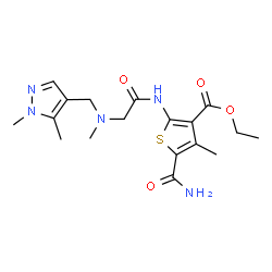 ChemSpider 2D Image | Ethyl 5-carbamoyl-2-({N-[(1,5-dimethyl-1H-pyrazol-4-yl)methyl]-N-methylglycyl}amino)-4-methyl-3-thiophenecarboxylate | C18H25N5O4S