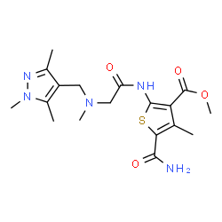 ChemSpider 2D Image | Methyl 5-carbamoyl-4-methyl-2-({N-methyl-N-[(1,3,5-trimethyl-1H-pyrazol-4-yl)methyl]glycyl}amino)-3-thiophenecarboxylate | C18H25N5O4S