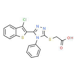 ChemSpider 2D Image | {[5-(3-Chloro-1-benzothiophen-2-yl)-4-phenyl-4H-1,2,4-triazol-3-yl]sulfanyl}acetic acid | C18H12ClN3O2S2