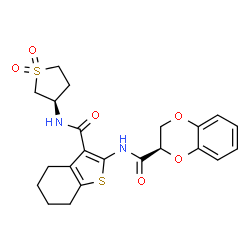 ChemSpider 2D Image | (2R)-N-(3-{[(3R)-1,1-Dioxidotetrahydro-3-thiophenyl]carbamoyl}-4,5,6,7-tetrahydro-1-benzothiophen-2-yl)-2,3-dihydro-1,4-benzodioxine-2-carboxamide | C22H24N2O6S2
