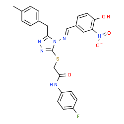 ChemSpider 2D Image | N-(4-Fluorophenyl)-2-({4-[(E)-(4-hydroxy-3-nitrobenzylidene)amino]-5-(4-methylbenzyl)-4H-1,2,4-triazol-3-yl}sulfanyl)acetamide | C25H21FN6O4S