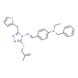 ChemSpider 2D Image | N-Benzyl-N-ethyl-4-[(E)-({3-[(2-methyl-2-propen-1-yl)sulfanyl]-5-(2-thienylmethyl)-4H-1,2,4-triazol-4-yl}imino)methyl]aniline | C27H29N5S2