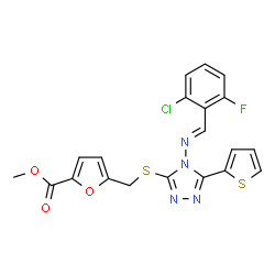 ChemSpider 2D Image | Methyl 5-[({4-[(E)-(2-chloro-6-fluorobenzylidene)amino]-5-(2-thienyl)-4H-1,2,4-triazol-3-yl}sulfanyl)methyl]-2-furoate | C20H14ClFN4O3S2