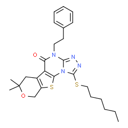 ChemSpider 2D Image | 1-(Hexylsulfanyl)-7,7-dimethyl-4-(2-phenylethyl)-6,9-dihydro-7H-pyrano[4',3':4,5]thieno[3,2-e][1,2,4]triazolo[4,3-a]pyrimidin-5(4H)-one | C26H32N4O2S2