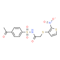 ChemSpider 2D Image | N-[(4-Acetylphenyl)sulfonyl]-2-[(2-nitro-3-thienyl)sulfanyl]acetamide | C14H12N2O6S3
