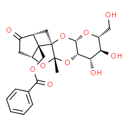 ChemSpider 2D Image | [(2aR,3aS,4aS,5S,6S,7R,8aS,9aR,10aR,10bR)-5,6-Dihydroxy-7-(hydroxymethyl)-3a-methyl-1-oxooctahydro-5H-3,4,8,9-tetraoxacyclobuta[1,6]pentaleno[1,2-b]naphthalen-10b(1H)-yl]methyl benzoate | C23H26O10