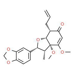 ChemSpider 2D Image | (2R,3R,3aR,7S,7aR)-7-Allyl-2-(1,3-benzodioxol-5-yl)-3a,4-dimethoxy-3-methyl-3,3a,7,7a-tetrahydro-1-benzofuran-6(2H)-one | C21H24O6