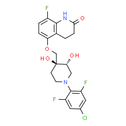 ChemSpider 2D Image | 5-{[(3R,4S)-1-(4-Chloro-2,6-difluorophenyl)-3,4-dihydroxy-4-piperidinyl]methoxy}-8-fluoro-3,4-dihydro-2(1H)-quinolinone | C21H20ClF3N2O4