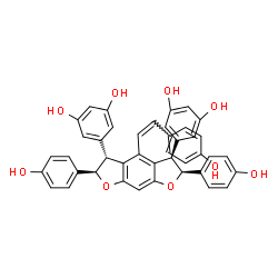 ChemSpider 2D Image | 5,5'-{(2R,3R,5R,6S)-2,6-Bis(4-hydroxyphenyl)-4-[(Z)-2-(4-hydroxyphenyl)vinyl]-2,3,5,6-tetrahydrofuro[3,2-f][1]benzofuran-3,5-diyl}di(1,3-benzenediol) | C42H32O9