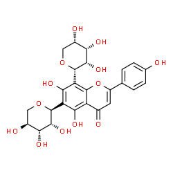 ChemSpider 2D Image | 5,7-Dihydroxy-2-(4-hydroxyphenyl)-6-[(2S,3R,4R,5S)-3,4,5-trihydroxytetrahydro-2H-pyran-2-yl]-8-[(2S,3S,4S,5S)-3,4,5-trihydroxytetrahydro-2H-pyran-2-yl]-4H-chromen-4-one (non-preferred name) | C25H26O13