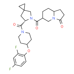 ChemSpider 2D Image | 6-{[(6S)-6-{[4-(2,4-Difluorophenoxy)-1-piperidinyl]carbonyl}-5-azaspiro[2.4]hept-5-yl]carbonyl}hexahydro-3(2H)-indolizinone | C27H33F2N3O4