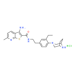 ChemSpider 2D Image | 3-Amino-N-{2-[4-(3,8-diazabicyclo[3.2.1]oct-3-yl)-3-ethylphenyl]ethyl}-6-methylthieno[2,3-b]pyridine-2-carboxamide hydrochloride (1:1) | C25H32ClN5OS