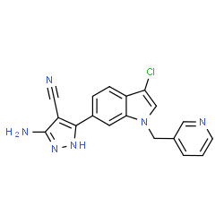 ChemSpider 2D Image | 3-Amino-5-[3-chloro-1-(3-pyridinylmethyl)-1H-indol-6-yl]-1H-pyrazole-4-carbonitrile | C18H13ClN6