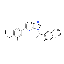 ChemSpider 2D Image | 2-Fluoro-4-{1-[1-(7-fluoro-6-quinolinyl)ethyl]-1H-imidazo[4,5-b]pyrazin-6-yl}-N-methylbenzamide | C24H18F2N6O