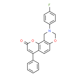ChemSpider 2D Image | 9-(4-Fluorophenyl)-4-phenyl-9,10-dihydro-2H,8H-chromeno[8,7-e][1,3]oxazin-2-one | C23H16FNO3