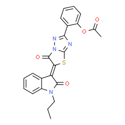 ChemSpider 2D Image | 2-[(5Z)-6-Oxo-5-(2-oxo-1-propyl-1,2-dihydro-3H-indol-3-ylidene)-5,6-dihydro[1,3]thiazolo[3,2-b][1,2,4]triazol-2-yl]phenyl acetate | C23H18N4O4S
