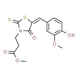 ChemSpider 2D Image | Methyl 3-[(5E)-5-(4-hydroxy-3-methoxybenzylidene)-4-oxo-2-thioxo-1,3-thiazolidin-3-yl]propanoate | C15H15NO5S2