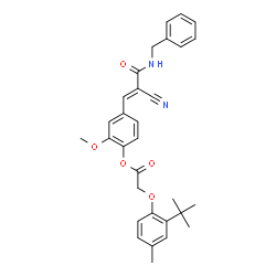 ChemSpider 2D Image | 4-[(1E)-3-(Benzylamino)-2-cyano-3-oxo-1-propen-1-yl]-2-methoxyphenyl [4-methyl-2-(2-methyl-2-propanyl)phenoxy]acetate | C31H32N2O5
