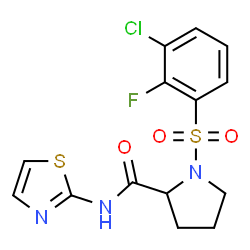 ChemSpider 2D Image | 1-[(3-Chloro-2-fluorophenyl)sulfonyl]-N-1,3-thiazol-2-ylprolinamide | C14H13ClFN3O3S2