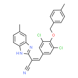 ChemSpider 2D Image | (2Z)-3-{3,5-Dichloro-4-[(4-methylbenzyl)oxy]phenyl}-2-(5-methyl-1H-benzimidazol-2-yl)acrylonitrile | C25H19Cl2N3O