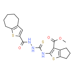ChemSpider 2D Image | Methyl 2-({[2-(5,6,7,8-tetrahydro-4H-cyclohepta[b]thiophen-2-ylcarbonyl)hydrazino]carbothioyl}amino)-5,6-dihydro-4H-cyclopenta[b]thiophene-3-carboxylate | C20H23N3O3S3