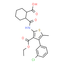 ChemSpider 2D Image | 2-{[4-(3-Chlorophenyl)-3-(ethoxycarbonyl)-5-methyl-2-thienyl]carbamoyl}cyclohexanecarboxylic acid | C22H24ClNO5S