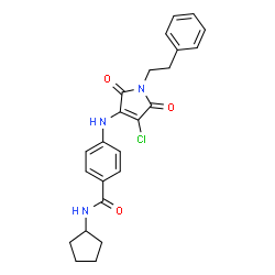 ChemSpider 2D Image | 4-{[4-Chloro-2,5-dioxo-1-(2-phenylethyl)-2,5-dihydro-1H-pyrrol-3-yl]amino}-N-cyclopentylbenzamide | C24H24ClN3O3