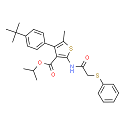 ChemSpider 2D Image | Isopropyl 4-(4-tert-butylphenyl)-5-methyl-2-{[(phenylsulfanyl)acetyl]amino}thiophene-3-carboxylate | C27H31NO3S2