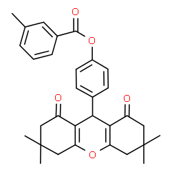 ChemSpider 2D Image | 4-(3,3,6,6-Tetramethyl-1,8-dioxo-2,3,4,5,6,7,8,9-octahydro-1H-xanthen-9-yl)phenyl 3-methylbenzoate | C31H32O5