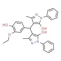 ChemSpider 2D Image | 4,4'-[(3-Ethoxy-4-hydroxyphenyl)methylene]bis(3-methyl-1-phenyl-1H-pyrazol-5-ol) | C29H28N4O4