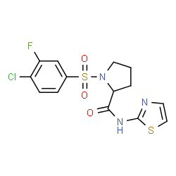 ChemSpider 2D Image | 1-[(4-Chloro-3-fluorophenyl)sulfonyl]-N-1,3-thiazol-2-ylprolinamide | C14H13ClFN3O3S2