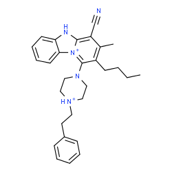 ChemSpider 2D Image | 2-Butyl-4-cyano-3-methyl-1-[4-(2-phenylethyl)piperazin-4-ium-1-yl]-5H-pyrido[1,2-a][3,1]benzimidazol-10-ium | C29H35N5