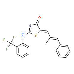 ChemSpider 2D Image | (5Z)-5-[(2E)-2-Methyl-3-phenyl-2-propen-1-ylidene]-2-{[2-(trifluoromethyl)phenyl]amino}-1,3-thiazol-4(5H)-one | C20H15F3N2OS