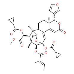 ChemSpider 2D Image | (1R)-1-[(1R,2R,3R,4S,7R,8R,15R,17S,19S)-15-[(Cyclopropylcarbonyl)oxy]-8-(3-furyl)-1,3,7-trimethyl-19-{[(2E)-2-methyl-2-butenoyl]oxy}-10-oxo-9,16-dioxapentacyclo[13.3.1.0~3,17~.0~4,13~.0~7,12~]nonadeca
-11,13-dien-2-yl]-2-methoxy-2-oxoethyl cyclopropanecarboxylate | C40H46O12