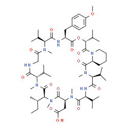 ChemSpider 2D Image | [(3S,6S,9S,12S,15S,21S,24S,27R,33aS)-12-[(2S)-2-Butanyl]-3,6,15,21,27-pentaisopropyl-24-(4-methoxybenzyl)-2,8,11,14,20-pentamethyl-1,4,7,10,13,16,19,22,25,28-decaoxodotriacontahydropyrido[1,2-d][1,4,7
,10,13,16,19,22,25,28]oxanonaazacyclotriacontin-9-yl]acetic acid | C58H93N9O14