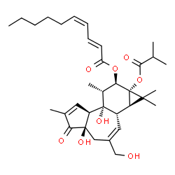 ChemSpider 2D Image | (1aR,1bS,4aR,7aS,7bS,8R,9R,9aS)-4a,7b-Dihydroxy-3-(hydroxymethyl)-9a-(isobutyryloxy)-1,1,6,8-tetramethyl-5-oxo-1a,1b,4,4a,5,7a,7b,8,9,9a-decahydro-1H-cyclopropa[3,4]benzo[1,2-e]azulen-9-yl (2E,4Z)-2,4
-decadienoate | C34H48O8