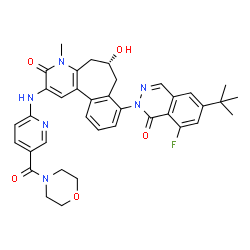 ChemSpider 2D Image | (6R)-8-[8-Fluoro-6-(2-methyl-2-propanyl)-1-oxo-2(1H)-phthalazinyl]-6-hydroxy-4-methyl-2-{[5-(4-morpholinylcarbonyl)-2-pyridinyl]amino}-4,5,6,7-tetrahydro-3H-benzo[3,4]cyclohepta[1,2-b]pyridin-3-one | C37H37FN6O5