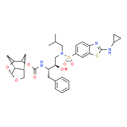 ChemSpider 2D Image | (4S,7R,8R)-6,10-Dioxatricyclo[5.2.1.0~4,8~]dec-2-yl {(2S,3R)-4-[{[2-(cyclopropylamino)-1,3-benzothiazol-6-yl]sulfonyl}(isobutyl)amino]-3-hydroxy-1-phenyl-2-butanyl}carbamate | C33H42N4O7S2