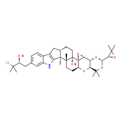 ChemSpider 2D Image | (3S,4aR,4bR,5aS,5bS,7aS,13bS,13cR,15aS,16aS)-11-[(2R)-3-Chloro-2-hydroxy-3-methylbutyl]-3-[(2S)-3,3-dimethyl-2-oxiranyl]-1,1,13b,13c-tetramethyl-1,4a,4b,6,7,7a,8,13,13b,13c,14,15,15a,16a-tetradecahydr
o-5bH-[1,3]dioxino[5'',4'':2',3']oxireno[4',4a']chromeno[5',6':6,7]indeno[1,2-b]indol-5b-ol | C37H50ClNO7