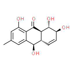 ChemSpider 2D Image | (1S,2S,4aS,9aR,10R)-1,2,8,10-Tetrahydroxy-6-methyl-1,4a,9a,10-tetrahydro-9(2H)-anthracenone | C15H16O5